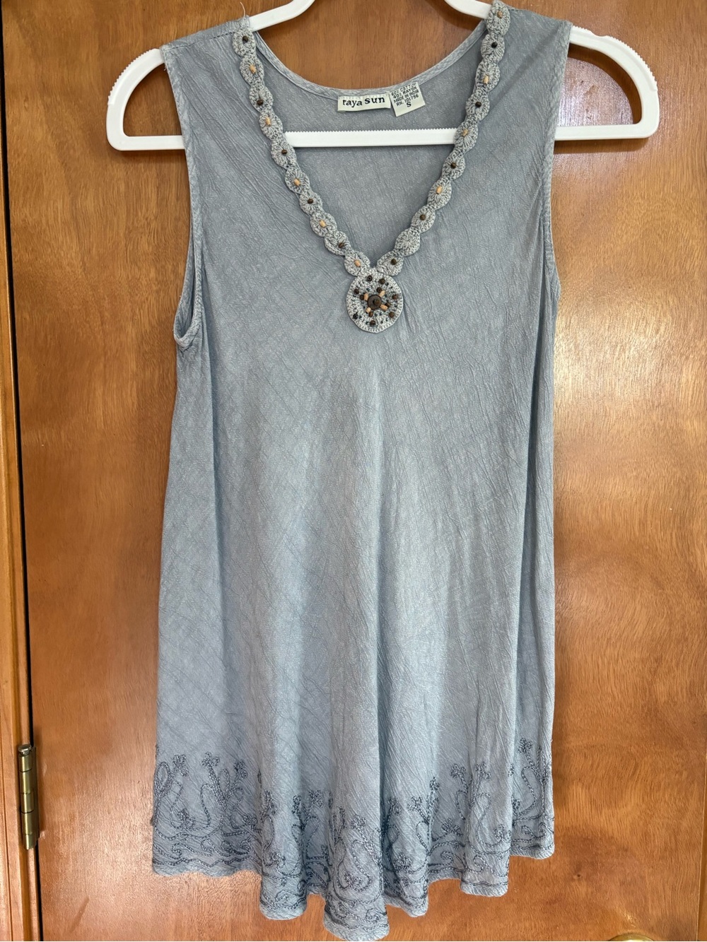 Raya Sun Dusty Blue Boho Festival Tank Sleeveless Medallion Crochet V-Neck